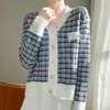 2026 Cárdigan de Punto con Cuello en V Estilo Fragancia Pequeña Ropa Exterior de Cuadros Nueva Primavera y Otoño Suéter de Punto Primavera y Otoño Capa Exterior