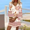 2024 Europa e Estados Unidos transfronteiriça roupas femininas Amazon AliExpress temperamento impresso V-neck sete manga temperamento vestido longo