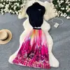 Conjunto de Dos Piezas Estilo Occidental Ligero Maduro Europeo y Americano para Mujer, Top de Punto de Cuello Alto de Manga Corta, Falda Plisada Estampada de Cintura Alta