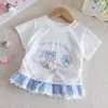 Blusa de Verão 2026 Estilo Novo para Bebês Meninas, Patchwork de Gatinho, Xadrez, Renda, Manga Curta, Confortável e Estilosa, Casual