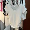 Camiseta de algodón de manga corta de color liso con cuello en V y cintura entallada para adelgazar, camiseta básica para mujer, de verano, transfronteriza