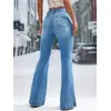 Pantalones vaqueros de tiro alto, cruzados, estilo retro azul, ligeramente acampanados para mujer, corte ajustado, elásticos, adelgazantes, versátiles, largos acampanados.