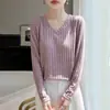 Novedad Otoño/Invierno 2026 Suéter de Punto con Cuello en V Jaspeado de Manga Larga para Mujer, Jersey Holgado de Canalé, Top Base