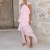 Outono de 2026 Nova Roupa Feminina Europeia e Americana: Elegante Vestido Franzido com Gola Halter e Saia Bolo de Cor Sólida