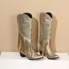 Botas de Comércio Exterior da Amazon Femininas Bico Fino Europeias e Americanas Botas de Couro com Rebites Altos Zíper Lateral Botas da Moda com Franjas Sapatos Femininos de Salto Médio