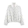 Comercio exterior transfronterizo al por mayor para mujer otoño moda europea y americana casual holgada chaqueta negra con puntos de lunares con cremallera de manga larga