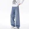 Pantalones de hombre de cuadros azules transfronterizos, modernos, estilo americano de alta calle, de longitud hasta el suelo, holgados, rectos, de pierna ancha, casuales para adolescentes.