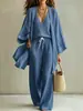 Conjunto de Tres Piezas de Algodón y Lino para Mujer, Chaleco Holgado de Verano con Cuello en V, Pantalones de Pierna Ancha, Cárdigan Kimono, Conjunto Casual para Vacaciones