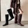Botas de Caballero de Piel de Vaca Botas con Hebilla de Cinturón para Mujer Invierno Nuevo Estilo Piel Genuina Punta Cuadrada Tacón Bajo Botas Altas hasta la Rodilla Botas Rectas para Mujer Botas Altas