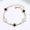 Pulsera de Plata de Ley 925 de Trébol de Cinco Hojas de Doble Capa para Mujer, Joyería de Amistad de Lujo Ligero de Nicho con Nácar Blanco y Ágata Negra