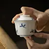 Cuenco de cerámica con tapa de orquídea de agua otoñal pintado a mano de barro de jade Moji, juego de té de kung fu, cuenco de té azul y blanco para el hogar, cuenco de tapa simple