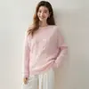 Suéter feminino de gola redonda em tricô jacquard trançado, manga longa, solto, macio, aderente, estilo preguiçoso versátil, base de tricô, suéter de cashmere