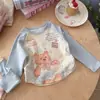 Camiseta Fina Estampada de Desenho Animado Doce com Manga Raglã Nova para Outono de 2026 para Bebês e Crianças Pequenas