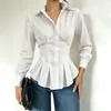 Camisa de manga larga para mujer estilo europeo y americano transfronterizo de Amazon con cintura ceñida, bajo de volante plisado y corte entallado que estiliza la figura