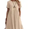 Vestido de Algodón y Lino para Mujer, Color Sólido, Cuello Redondo, Holgado, Estilo Retro, Bolsillo, Transfronterizo Verano 2025 Europa y América, Estación Independiente Temu