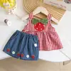 Conjunto de Ropa de Verano para Niñas, Ropa Infantil Elegante y Fresca, Conjunto de Dos Piezas de Camiseta sin Mangas de Fresa para Bebé y Pantalones de Mezclilla para Verano