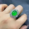 Anel de Cabochão Redondo Girassol Calcedônia Verde Comparável à Jadeíta Tipo Gelo, Anel Verde Brilhante Feminino Joias Atacado