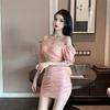 Vestido Curto Sexy Decote V Ombro a Ombro Manga Bufante Duas Formas Bodycon, Vestido Petite Ruched Emagrecedor