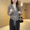 Casaco Cardigan de Lã 100% Estilo Old Money Outono/Inverno para Mulheres, Suéter com Capuz Zíper Tricô Trançado