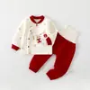 Roupa de Ano Novo para Bebê Conjunto de Duas Peças Outono e Inverno Roupas Quentes Espessadas de Outono para Recém-Nascido com Calças
