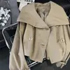 Gabardina Corta Color Caqui para Mujer, Estilo Retro Cool Coreano, Cuello Alto, Doble Botonadura, Top Camisa Petite para Otoño