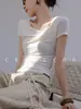 Camiseta de Manga Corta con Cuello Drapeado de Lana Tencel Estilo Francés Perezoso Chic para Mujer con Diseño Irregular Cortado al Sesgo Tridimensional para Verano