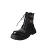 Botas Martin de plataforma de pele de carneiro texturizadas e bordadas, punk, femininas, 2024, salto médio grosso, couro, cadarço, tornozelo