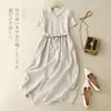 Vestido de Verano 2023 Nuevo Artístico Vintage de Algodón y Lino para Mujer de Manga Corta con Solapa Atado a la Cintura Color Sólido Largo