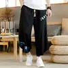 Calças cropped de linho masculinas estilo chinês soltas finas de perna larga sete-oitavos calças de verão para jovens tamanho plus shorts casuais de algodão e linho