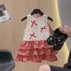Vestido de Pasteles de Verano para Niñas sin Mangas de Lunares con Lazo, Vestido de Princesa a Cuadros con Volantes en Capas para Niñas