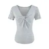 Camiseta feminina de manga curta torcida com decote V em Liocel, design de pregas cruzadas para o verão, estilo coreano, elegante, ombro normal, top que acintura