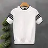 Uau, Camiseta de Verão Personalizada, Moda Casual de Manga Curta, Listras Simples Color-Blocking, Top de Tricô Masculino de Manga Curta com Gola Redonda