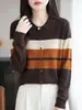 Tricô Color Block de Lã Fina para Outono Inicial Feminino Contraste de Cores Café Laranja Gola Lapela Manga Longa Suéter Pulôver Elegante para o Trabalho