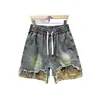 Shorts Jeans Americano Retrô com Múltiplos Bolsos para Homem, Shorts de Verão Soltos com Cordão, Perna Larga, Comprimento Médio, Calças Reta de Cinco Pontos Estilo Ins