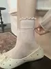 Mismo estilo que Xiaohongshu calcetines estilo ballet con volantes para mujer hasta la mitad de la pantorrilla calcetines finos de algodón con rizo primavera y verano con Mary Janes lindos
