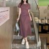 Amazon Transfronterizo Nuevo Casual Elegante Aspecto Adelgazante de Cintura Cordones Color Sólido Vestido de Manga Corta para Mujer Pg0455