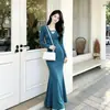 Elegante vestido longo de manga comprida com decote em V estilo francês para mulheres, nova coleção de primavera, acinturado, emagrecedor e que realça a silhueta, estilo sereia