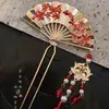 Nuevo Pasador Rojo con Forma de Abanico Estilo Chino para Mujer, Pasador Retro de Alta Gama con Borla, Accesorio para el Cabello de Falda Mamian Hanfu