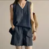 Conjunto de Duas Peças Sem Mangas e Shorts Cor Sólida para Mulheres, Conjunto de Algodão e Linho Transfronteiriço para Mulheres, Novo para o Verão 2025 no Sudeste Asiático