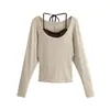 Camiseta de Manga Larga Khaki Relajada de Cuello en U Hombro Descubierto con Tirante Pure Desire para Mujer Otoño Camisola Top Asimétrico de Hombro Conjunto de Dos Piezas
