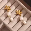 Brincos Nicho Retrô Estilo Ins Europeu e Americano Aço Inoxidável Banhado a Ouro 18K Pingente de Estrela do Mar Pérola Brincos com Franja para Mulheres