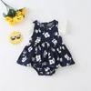 Ins2022 Verão Menina Bebê Algodão Flor Estampa Manga Voadora Triângulo Coelho Vestido Macacão Vestido de Subir Estilo Ocidental