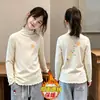 Camiseta Térmica de Forro Polar con Estampado de Dibujos Animados para Niñas, Cuello Semi Alto, con Volantes, Capa Base de Manga Larga para Otoño/Invierno, Doble Cara Cepillada