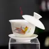Gaiwan de Porcelana Blanca Yuerui Dehua, Tazón de Té Gongfu de Cerámica Colgante tipo Jade de Tres Piezas, Taza de Té Grande para el Hogar Antiescaldante con Asa Colgante