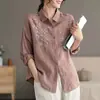 Nuevo Top de Lino Bordado Retro para Mujer Primavera y Verano, Camisa Holgada Adelgazante de Algodón y Lino de Manga Larga