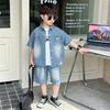 Conjunto Jeans de Três Peças com Manga Curta para Meninos 2026 Verão Novo Estilo Roupas Frescas para Bebê Tendência Roupa da Moda