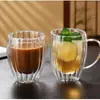 Copo de Vidro de Borossilicato de Camada Dupla Listrado em Forma de Ovo com Alça para Uso Doméstico, Copo de Café, Copo de Leite, Copo de Vidro para Infusão de Chá de Flores