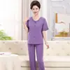 Pijama de verano para mujer de Yu Zhaolin, hecho de seda helada, con manga corta y pantalón corto, delgado y fresco, adecuado para madres de mediana edad y mayores, con diseño de cárdigan
