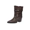 Botas Ocidentais Europeias com Fivela de Couro Rebites Couro Bovino Outono/Inverno 2026 Bico Quadrado Pequeno Salto Alto Robusto Couro Genuíno Botas de Cano Curto de Puxar Femininas