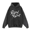 Sudadera Lavada Retro de Metal con Estampado de Letras y Patrón de Fuente Artística Plateada Brillante, Corte Holgado, Hombro Caído, Sudadera de Moda